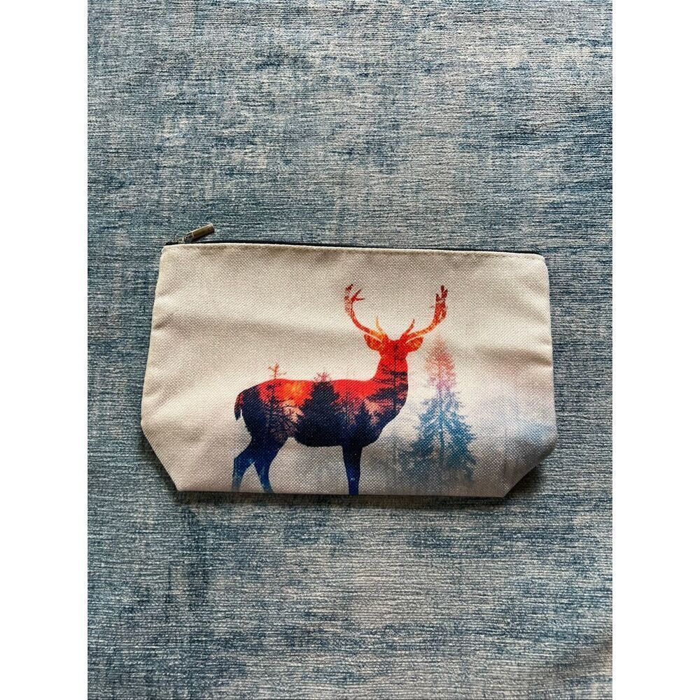 Watercolor Buck Deer Shadow Cotton Canvas Small Makeup Bag Travel Toiletry Pouch